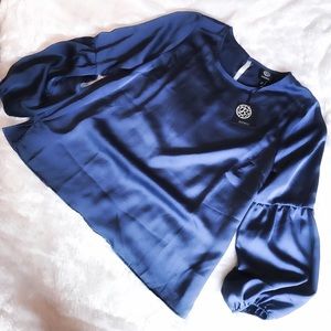 Women’s Navy Long-Sleeved Satin Blouse